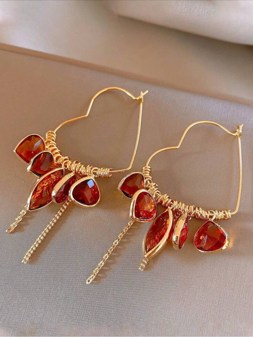 Gold Heart Hoop Earrings with Garnet Red Gem Drops